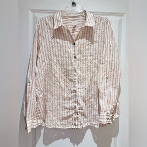 Chico’s Long Sleeve Striped Linen Button Up Top with Embroidered Eyelet Detail